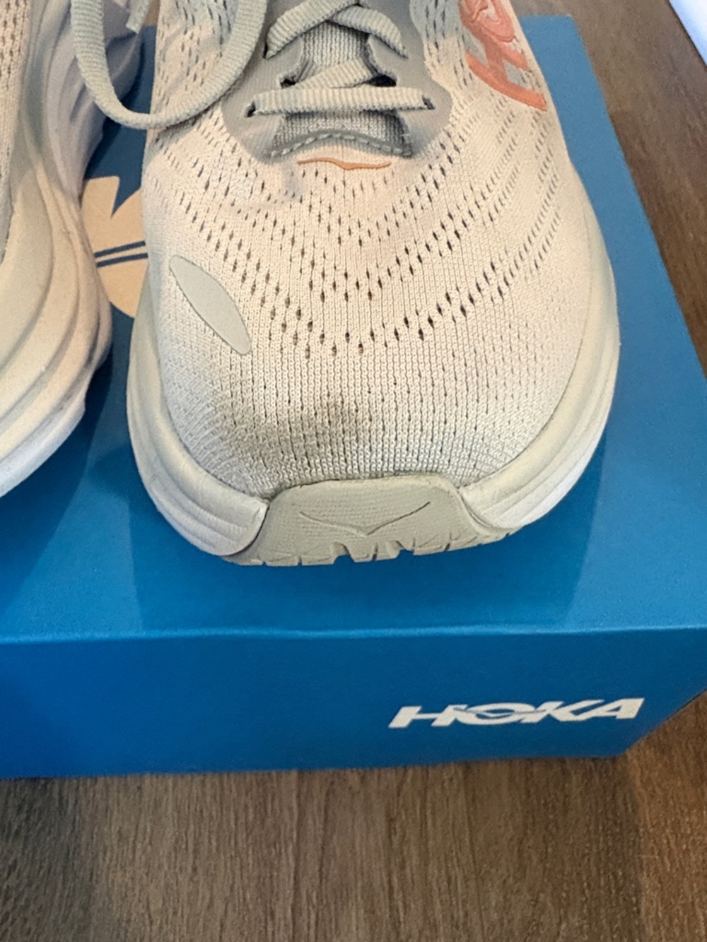 Hoka Light Gray Running Shoes with Coral Logo - Picture 4 of 10